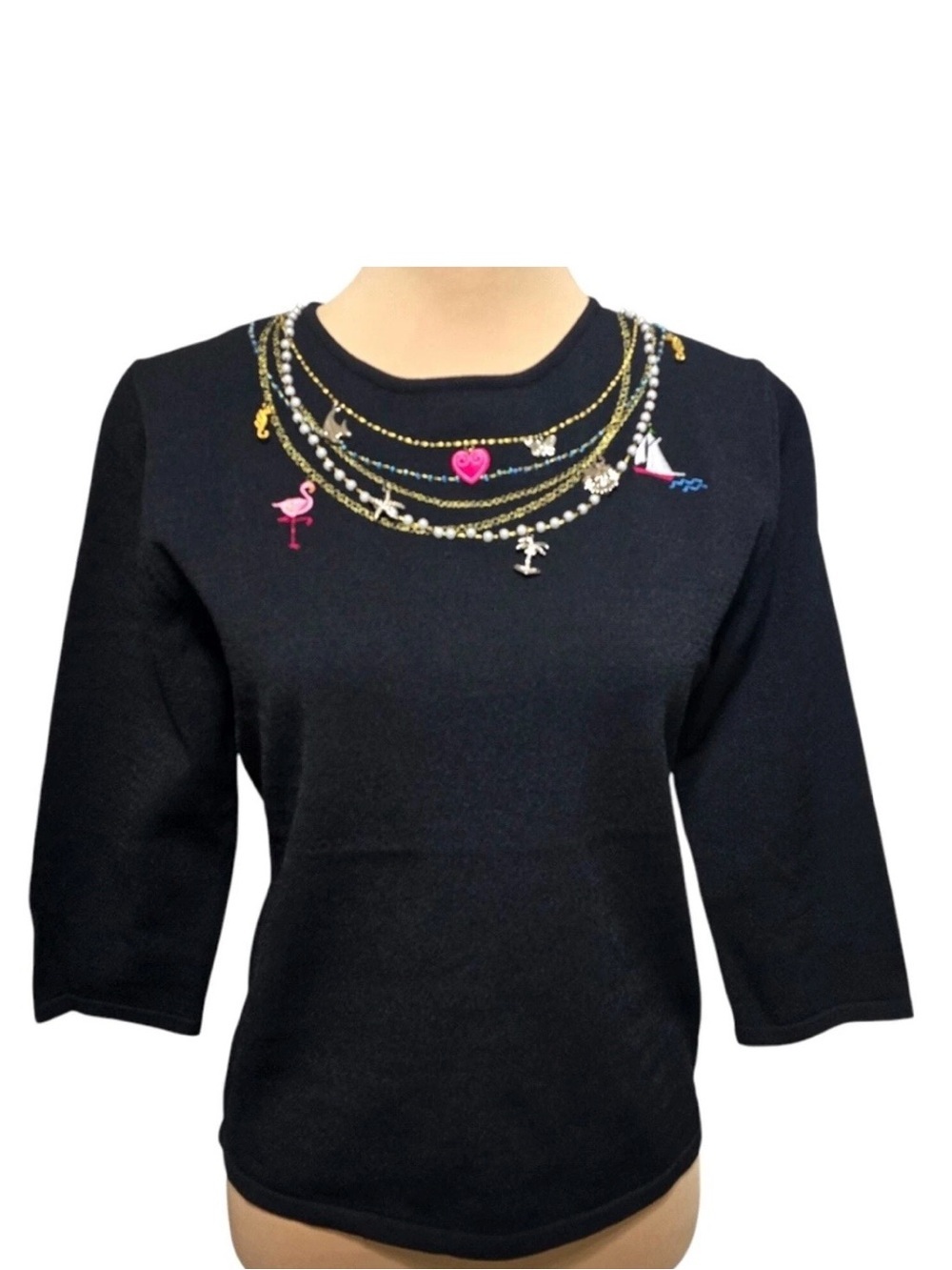 Pink Poodle Vintage Embroidered Embellished Charms Detail Knit Black Top Size L